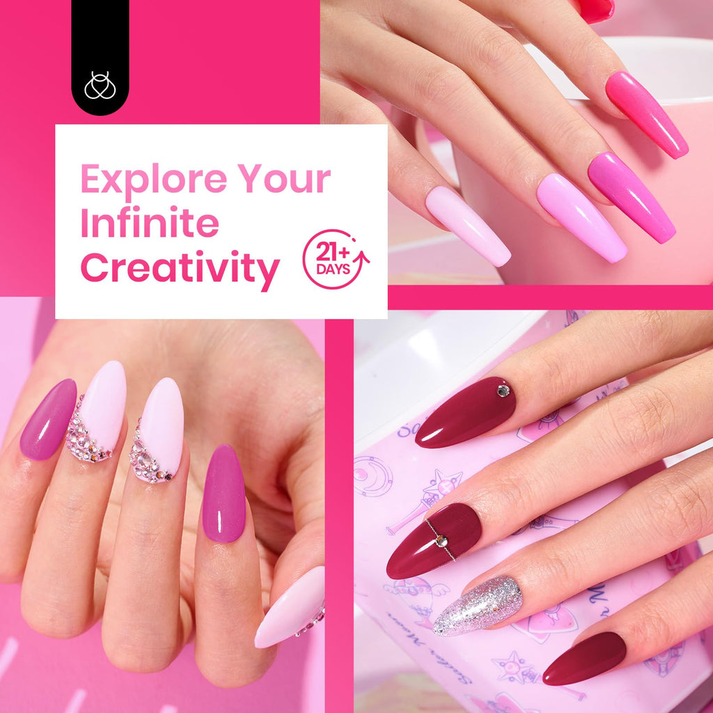 Demonstration of glossy finished pink dip powder nails on hand