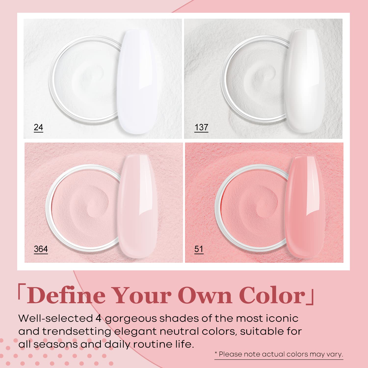 Modelones dipping powder system showcasing the four included shades clear white nude and pink