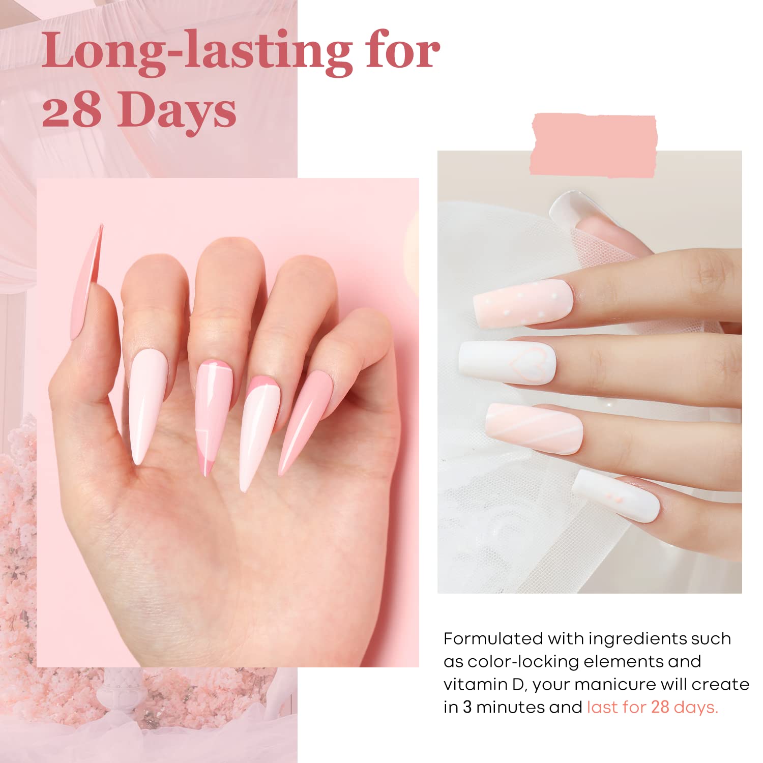 Completed French manicure look achieved using the white and pink powder shades