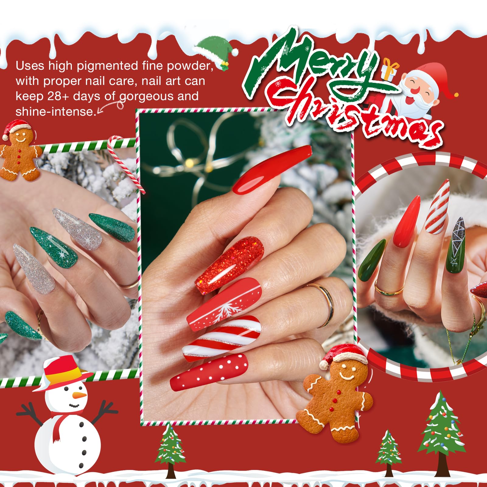 AZUREBEAUTY holiday acrylic dipping system demonstrating the green, red, and silver glitter powder jars.