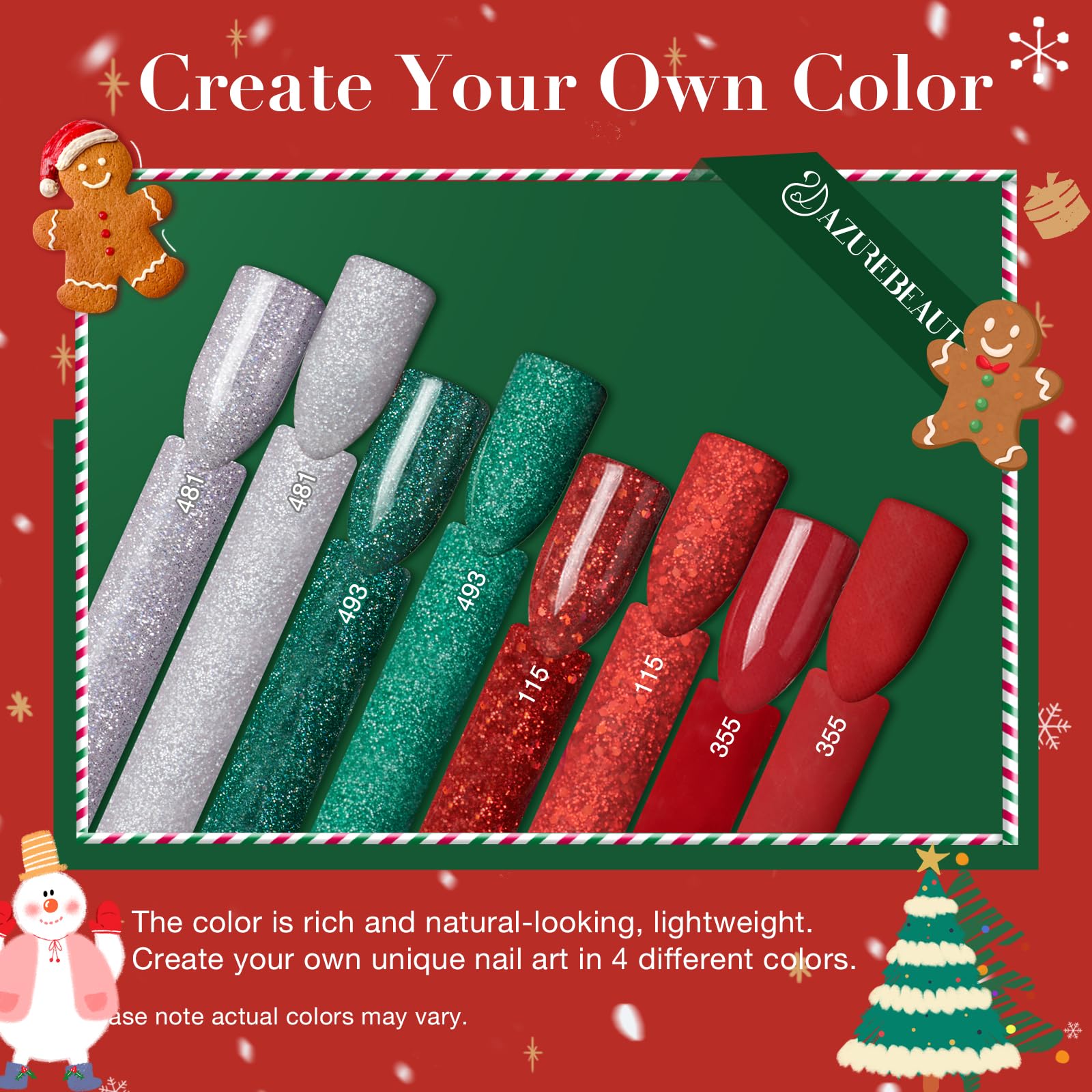 Close-up of the AZUREBEAUTY home holiday gift set containing dip powder colors and brush accessories.