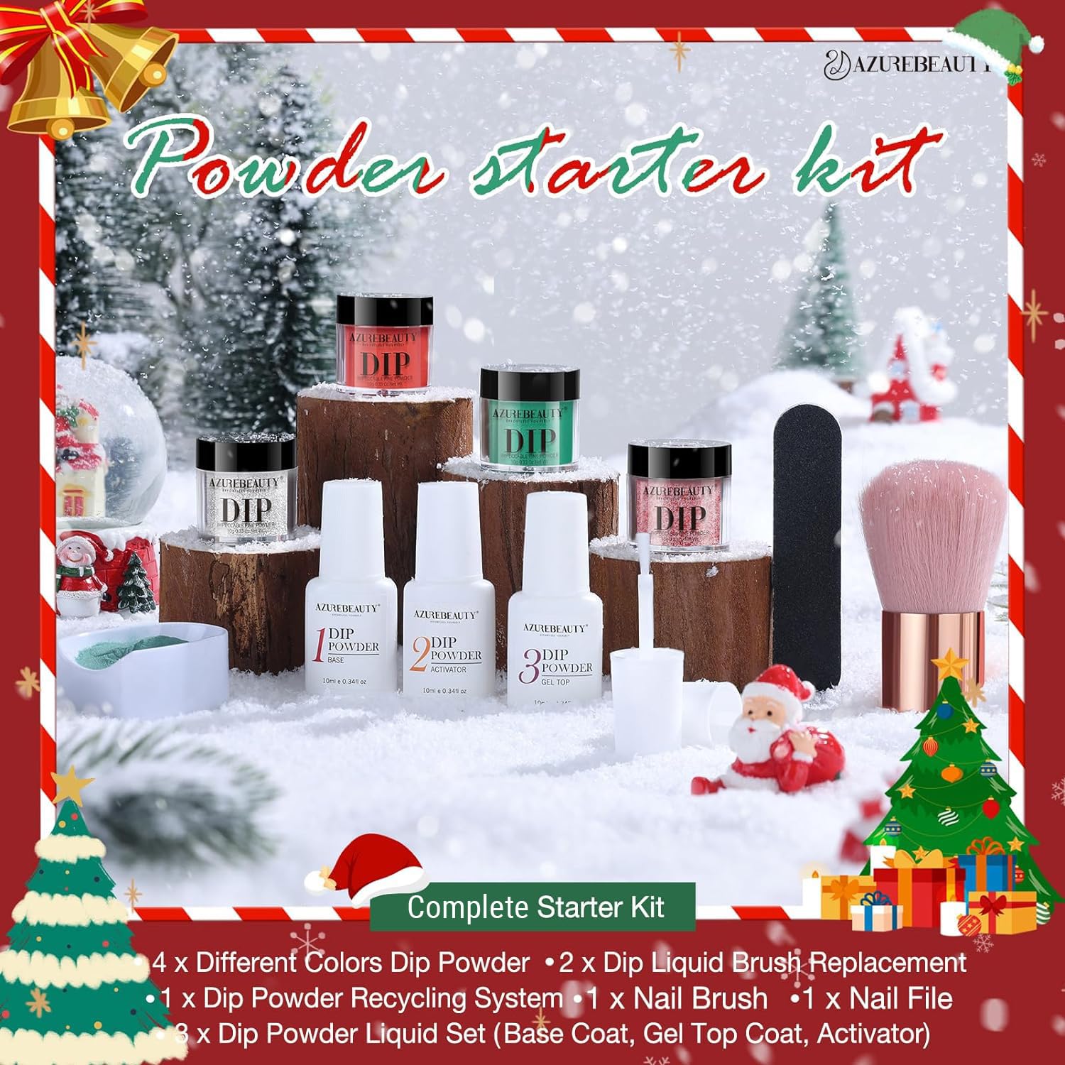 AZUREBEAUTY French nail art dipping kit showing the included powder recycling tray system.