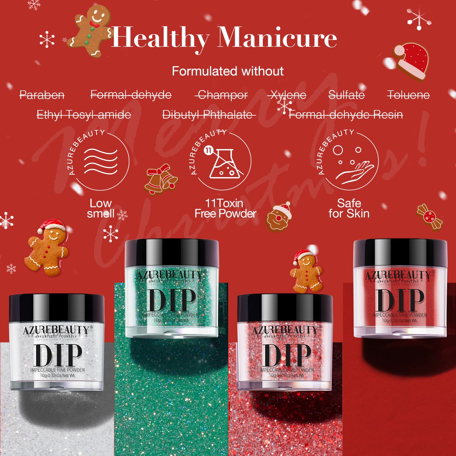 AZUREBEAUTY festive collection manicure set layout detailing the nail file and applicator brushes.