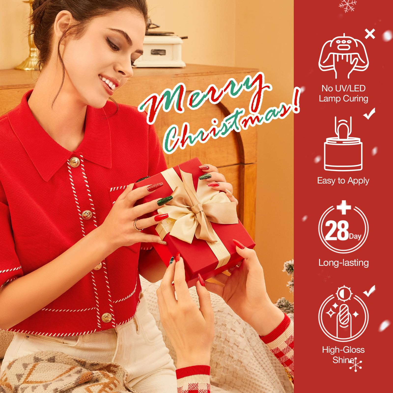 A lifestyle view of the AZUREBEAUTY Christmas manicure kit highlighting the glossy holiday colors.