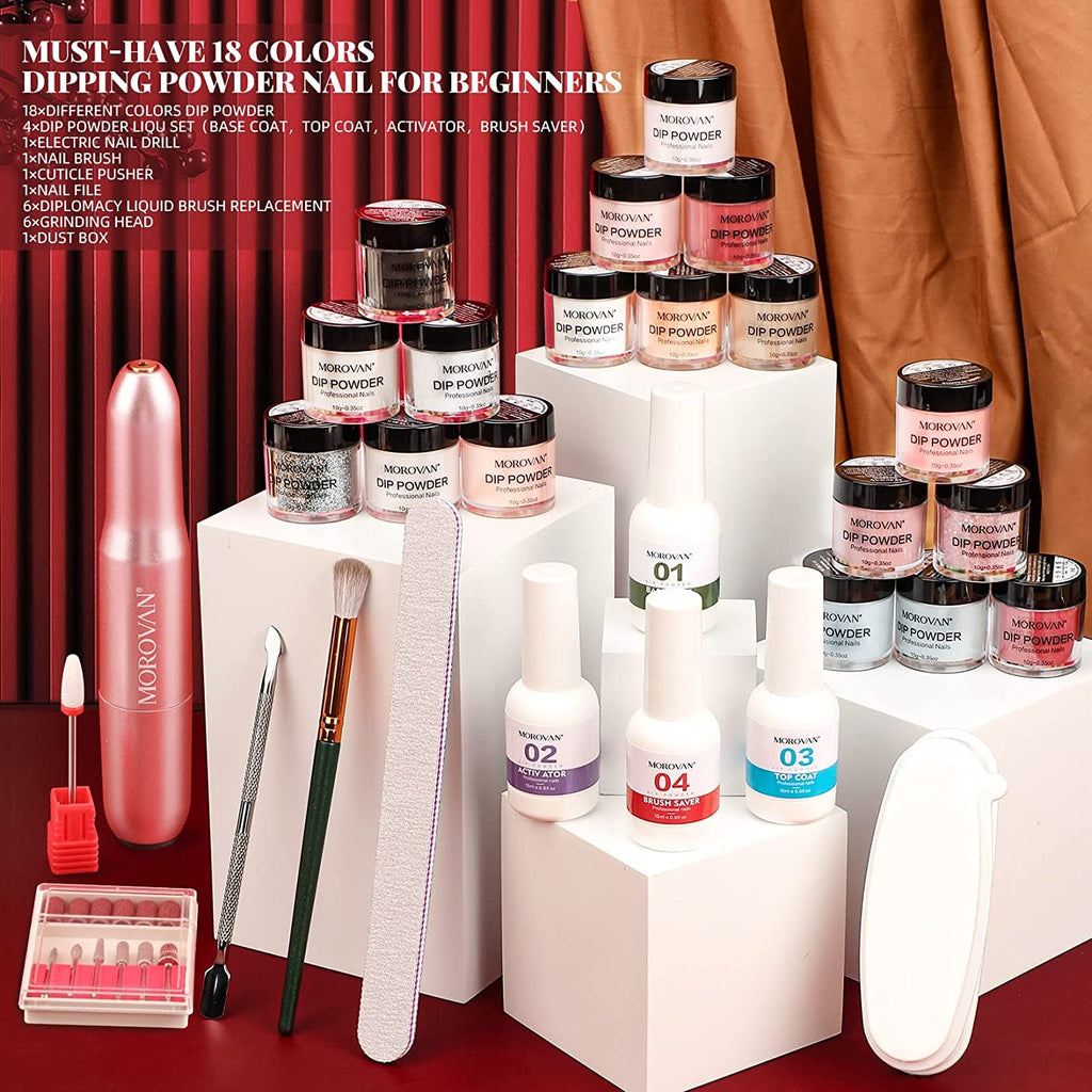 Morovan dip powder jars and liquid bottles arranged together