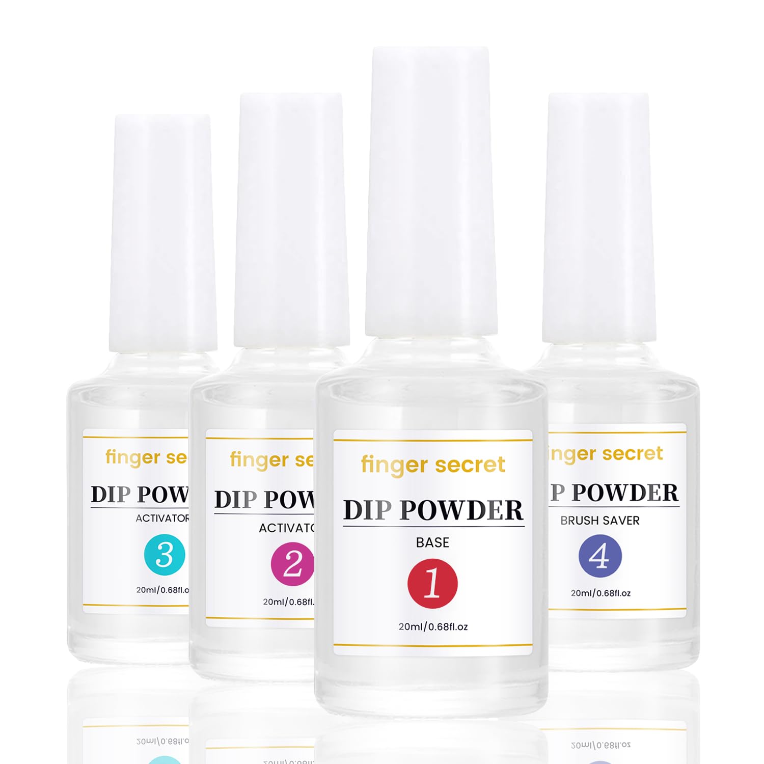 Close up of the twenty milliliter dipping powder liquid bottles highlighting the activator and brush saver components
