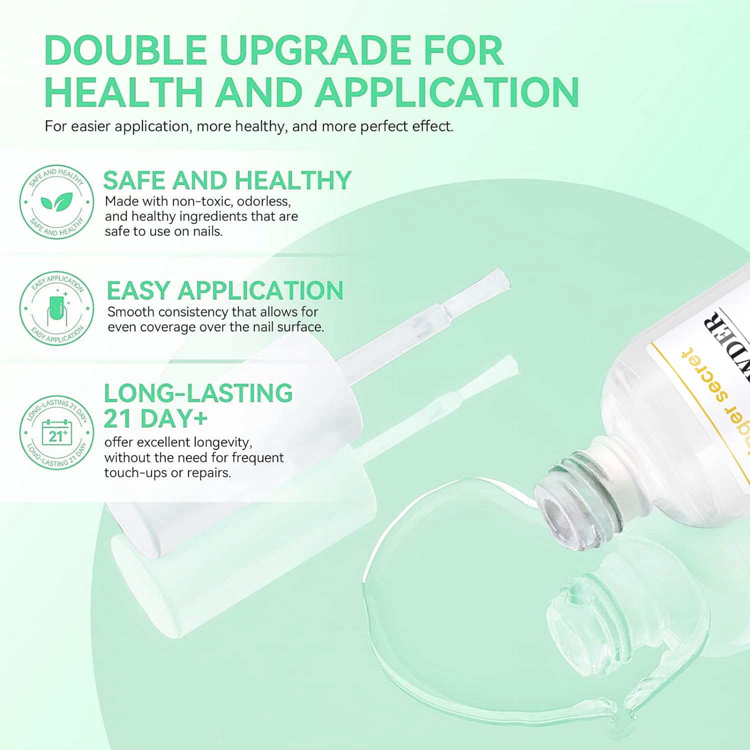 Step by step application visual demonstrating the use of base coat and activator for long lasting dipping nails