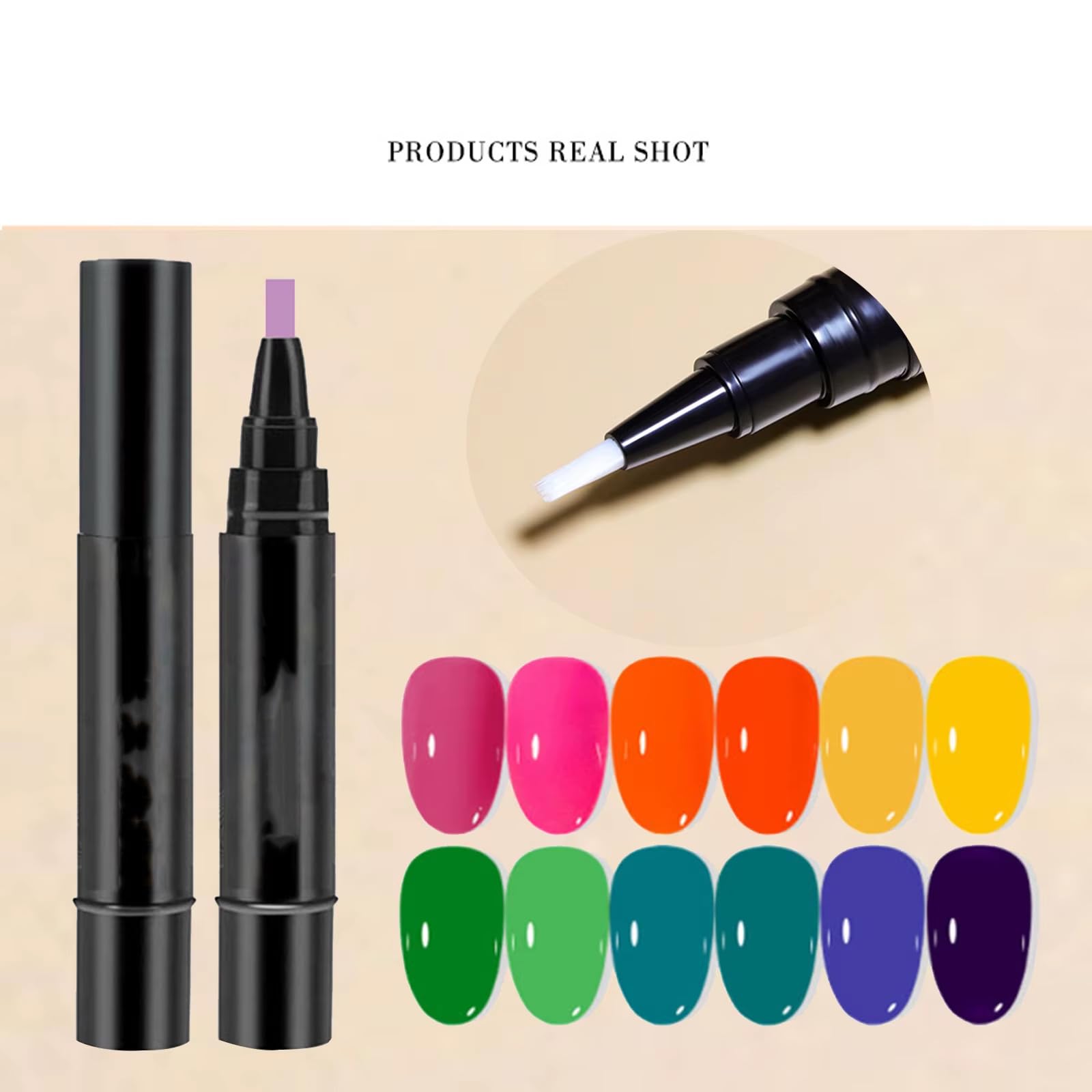 Close up view of the fine tip on the quick dry color nail polish gel pen for precise DIY nail art application.