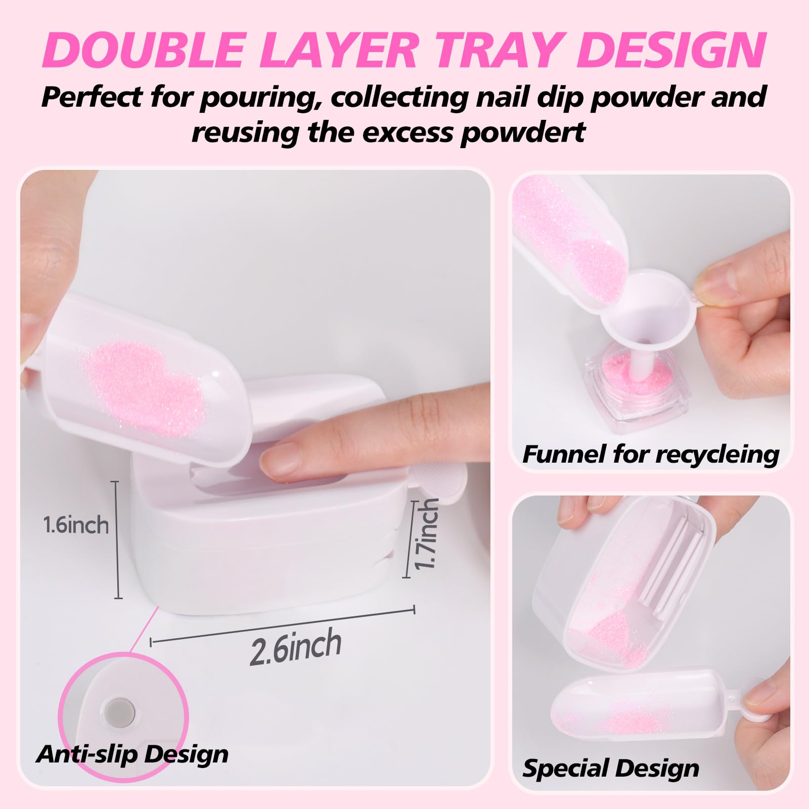 Close up view of the detachable second layer tray demonstrating how to recycle excess nail glitter and powder.