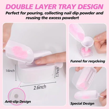 Close up view of the detachable second layer tray demonstrating how to recycle excess nail glitter and powder.