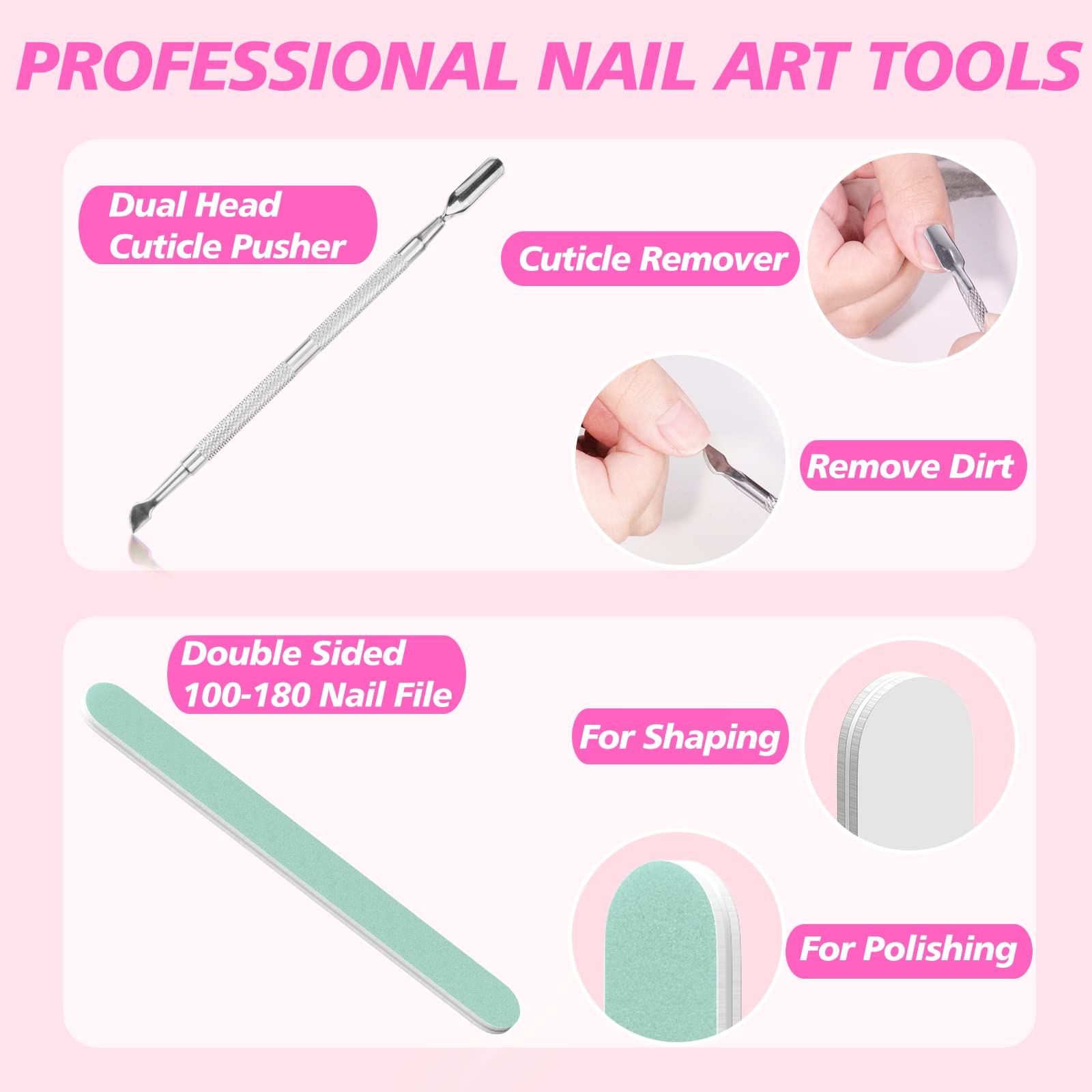 Soft bristle nail dust brush sweeping away excess dipping powder from a completed French manicure.