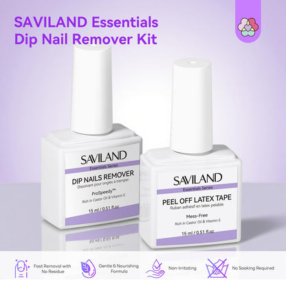 Saviland non soaking dip nail remover kit with cuticle oil pen and metal cuticle pusher.