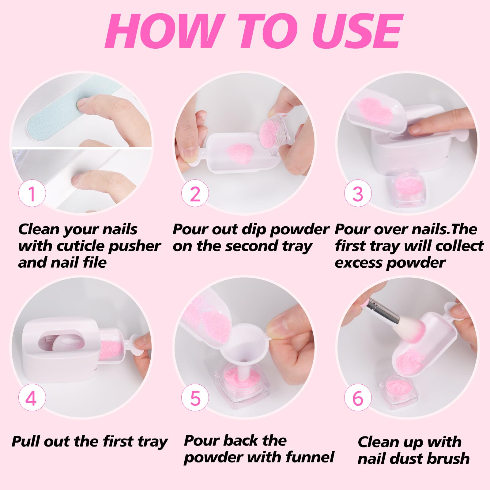 Gefaxi portable nail dipping powder storage box showing the included scoops and detached components for cleaning.