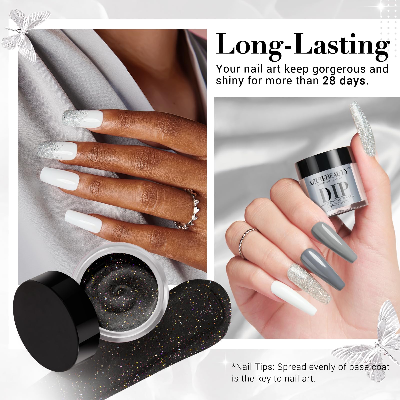 Six jars of Azurebeauty dip powder arranged on a table for manicure.