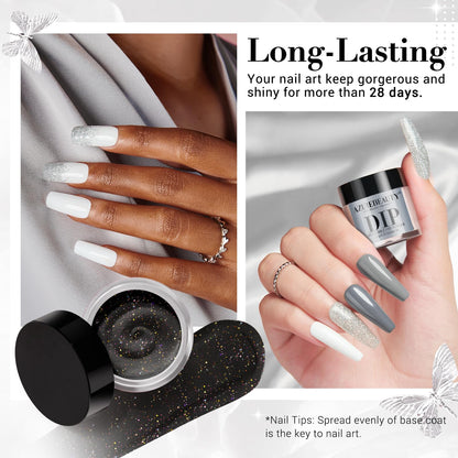 Six jars of Azurebeauty dip powder arranged on a table for manicure.