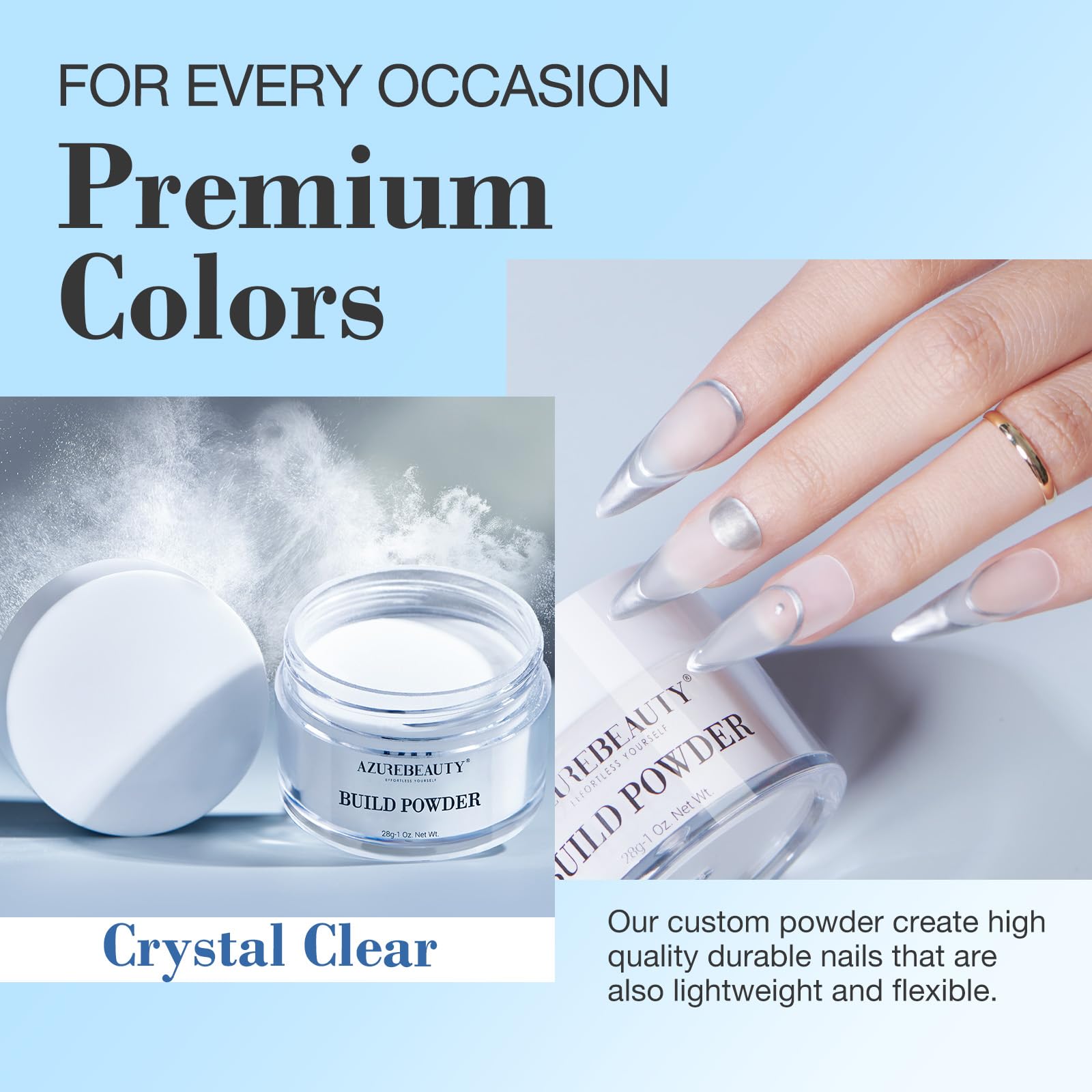 Close up of Azurebeauty clear acrylic nail powder