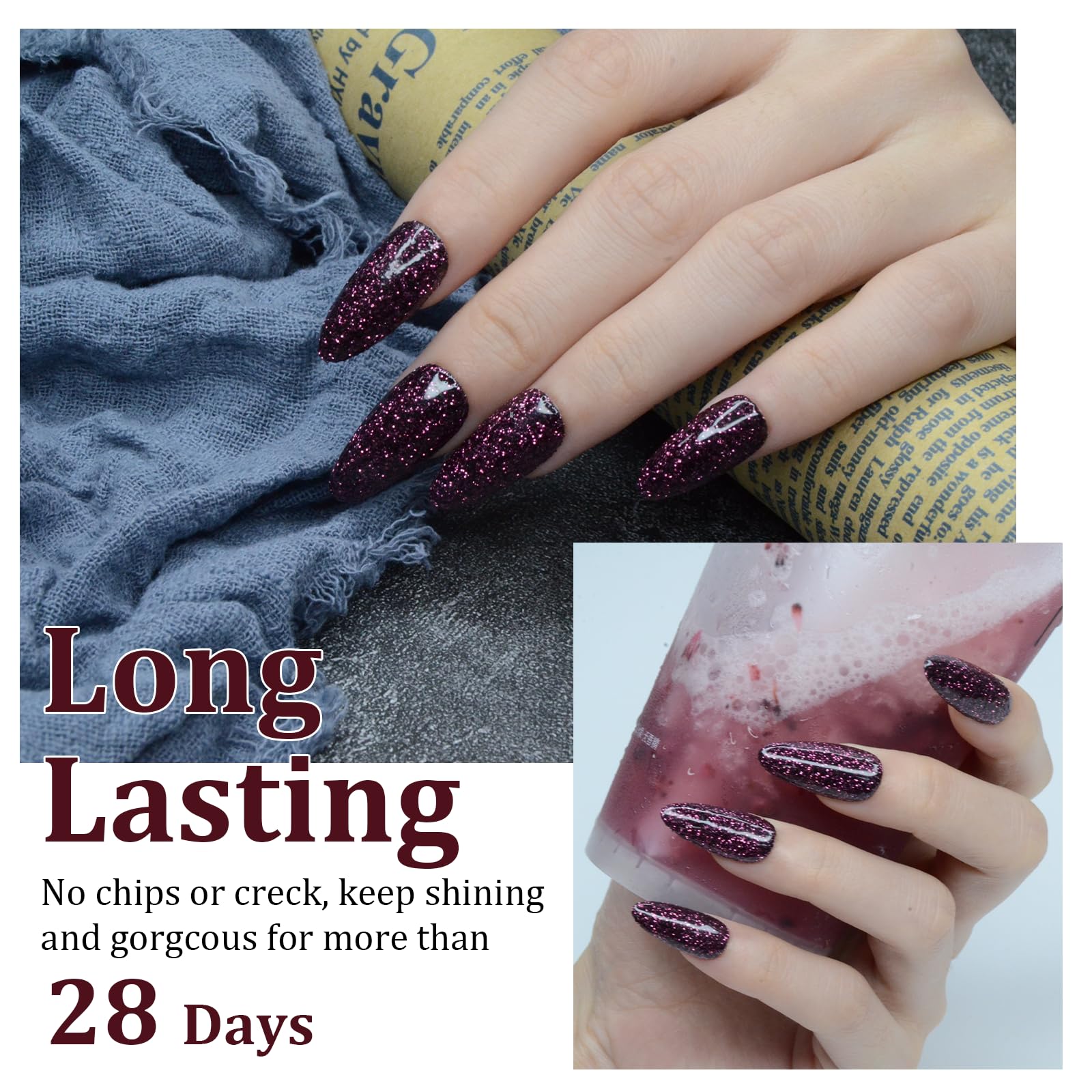 Professional manicure using wine red glitter dip powder