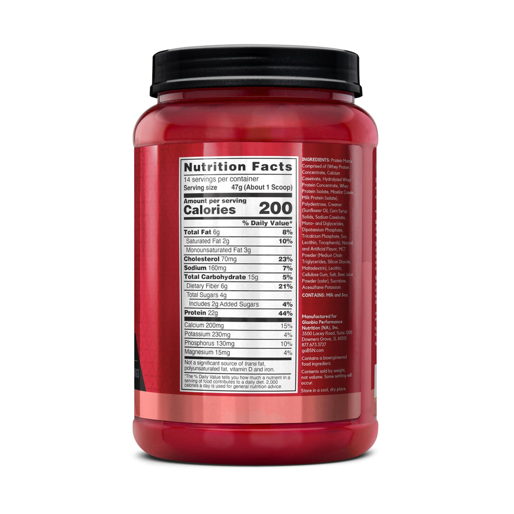 Close-up of BSN Syntha-6 strawberry milkshake packaging highlighting 22g protein.