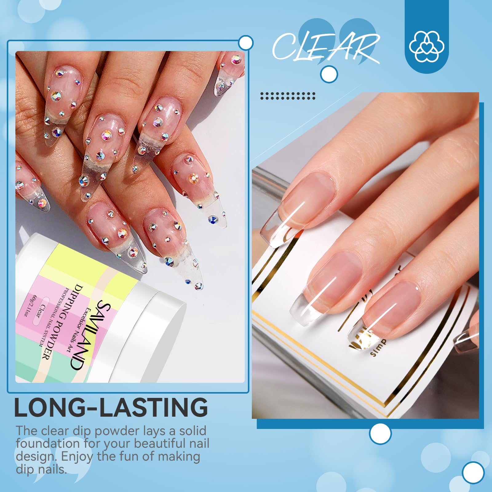 Saviland crystal clear dipping powder texture close up