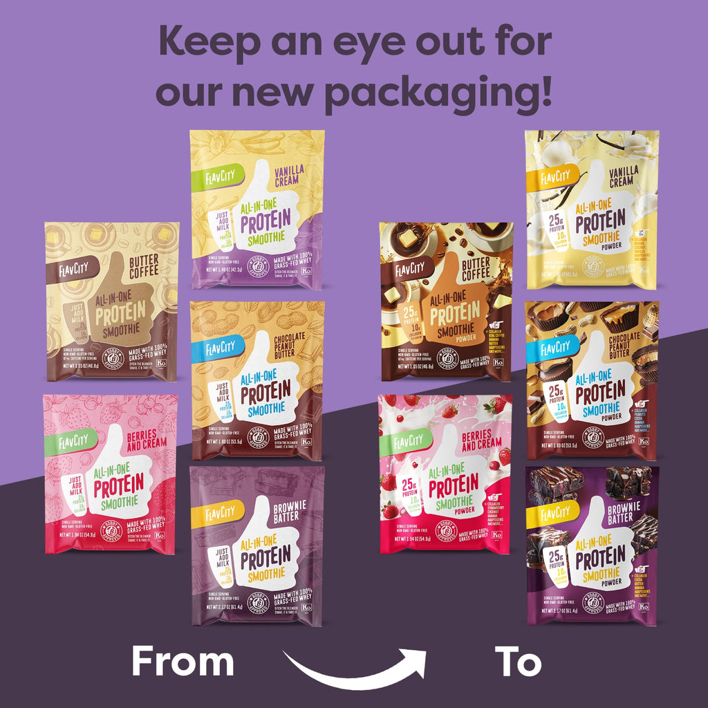 FlavCity protein smoothie powder sachets featuring chocolate and vanilla flavors for muscle recovery.