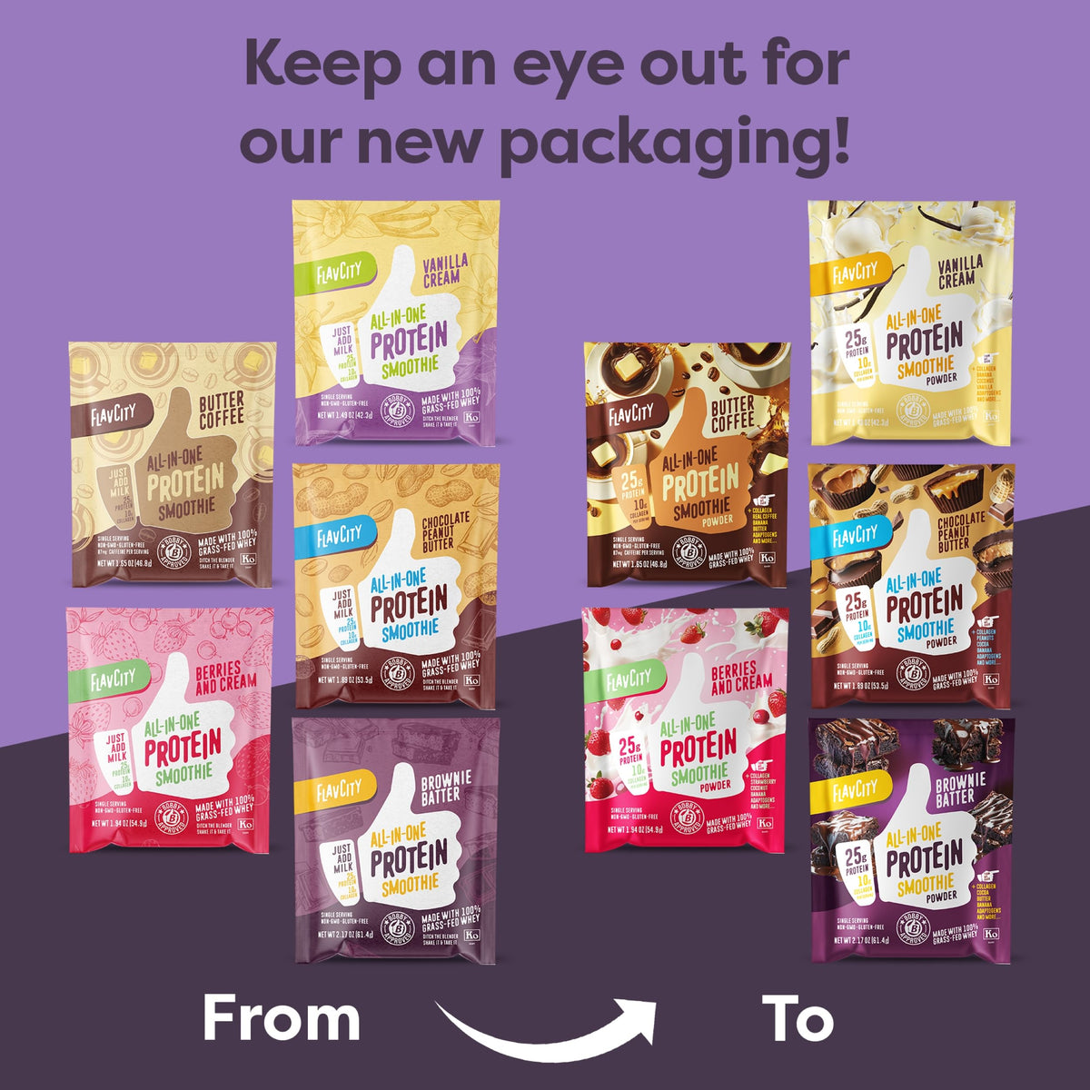 FlavCity protein smoothie powder sachets featuring chocolate and vanilla flavors for muscle recovery.