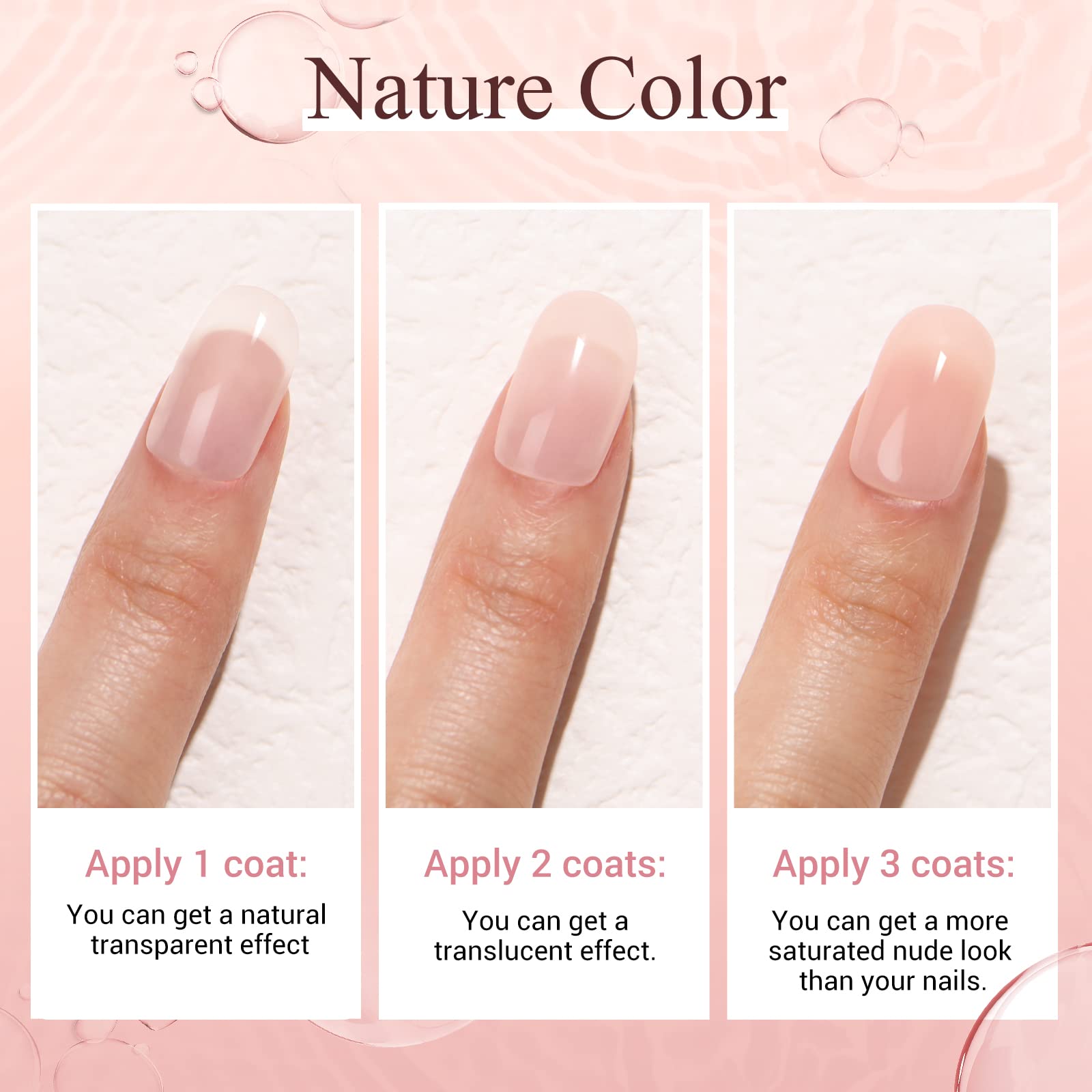 Close up of sheer pink and neutral dip powder shades