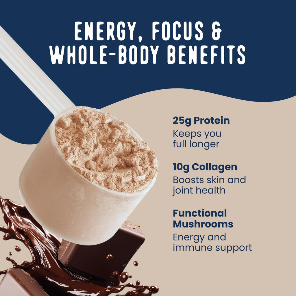 Scoop of FlavCity chocolate protein powder showing smooth texture and real cocoa