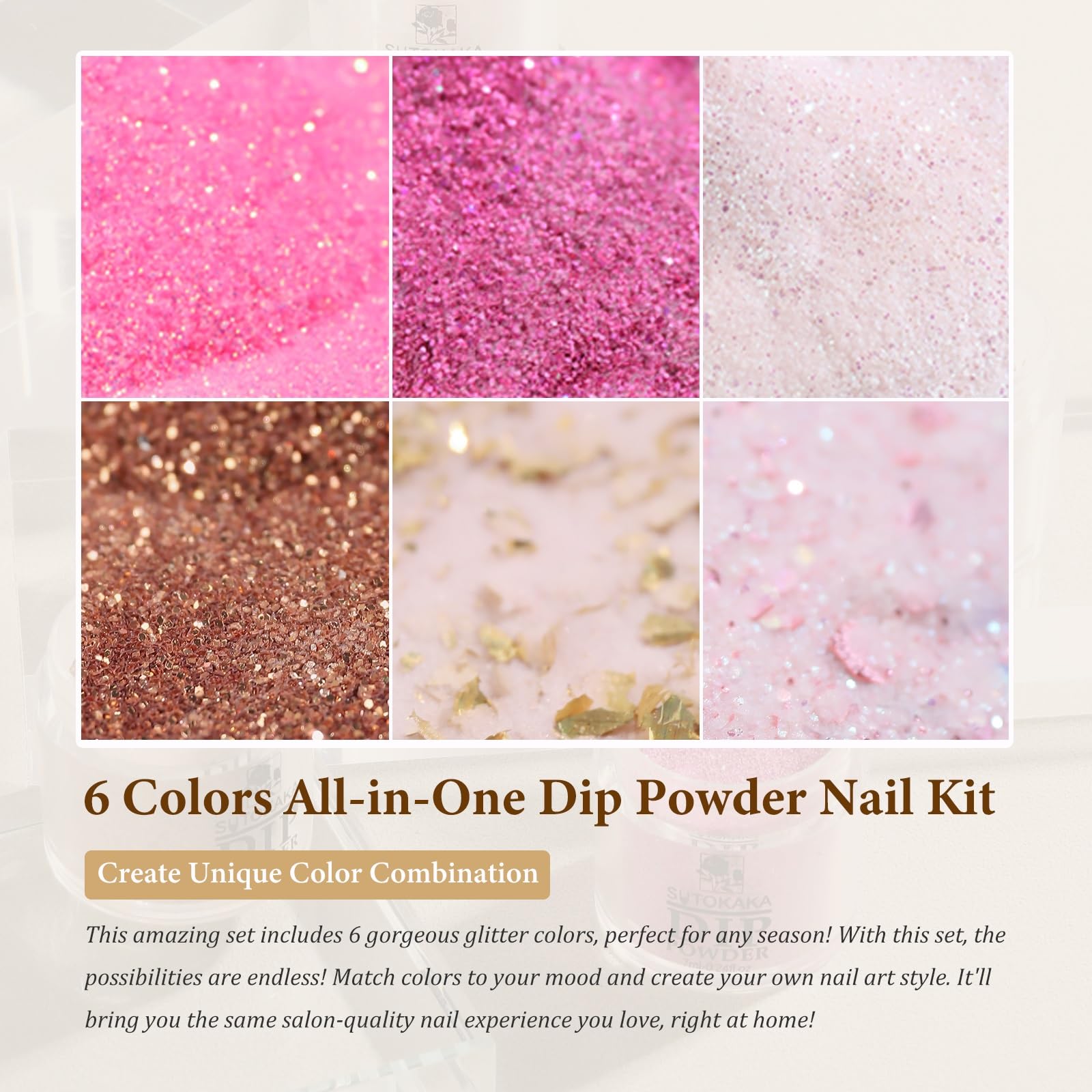 Close up of Sutokaka nude pink and glitter dip powder jars