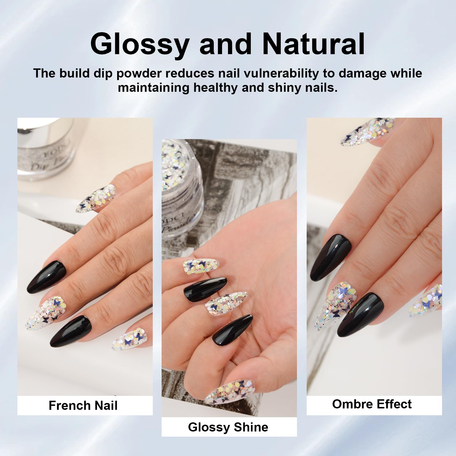 DIY nail art example using silver butterfly glitter powder