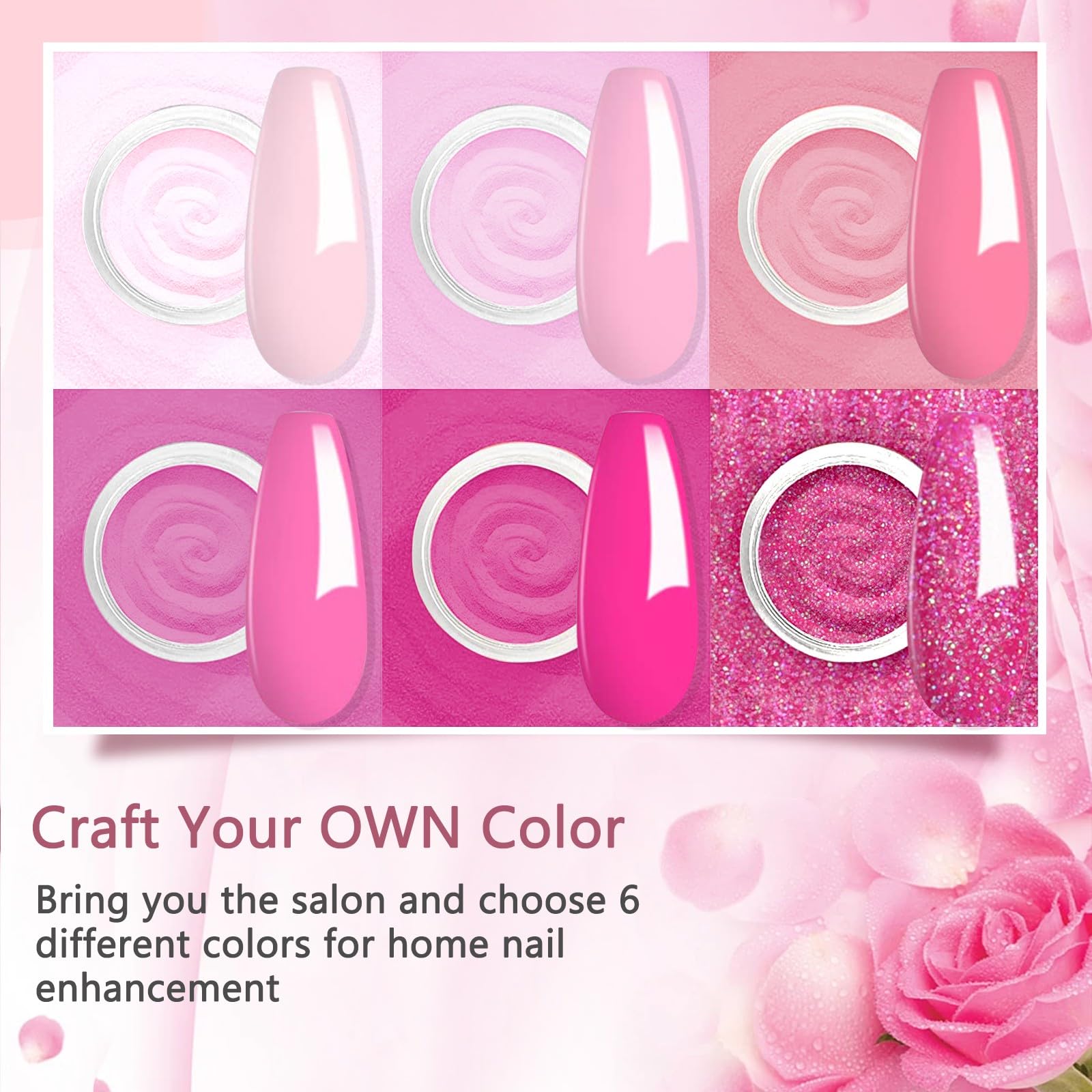 Six individual containers of Mnk66 pink glitter nail dipping powder