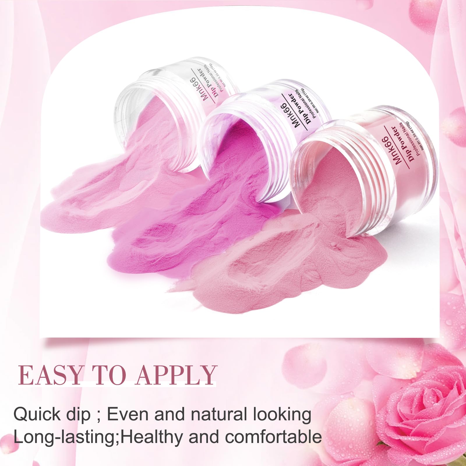 Hand showing glossy pink nail art created with Mnk66 powder