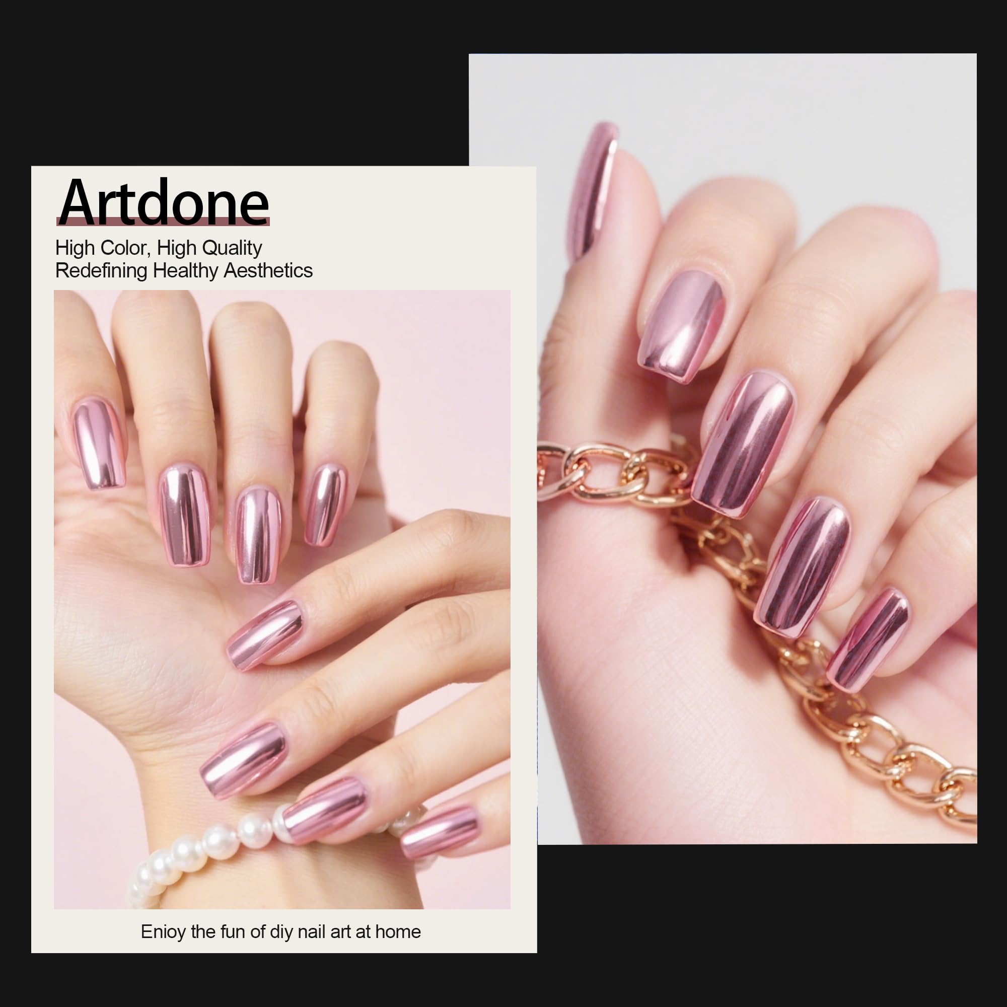 Nail art samples using Artdone chrome powder kit