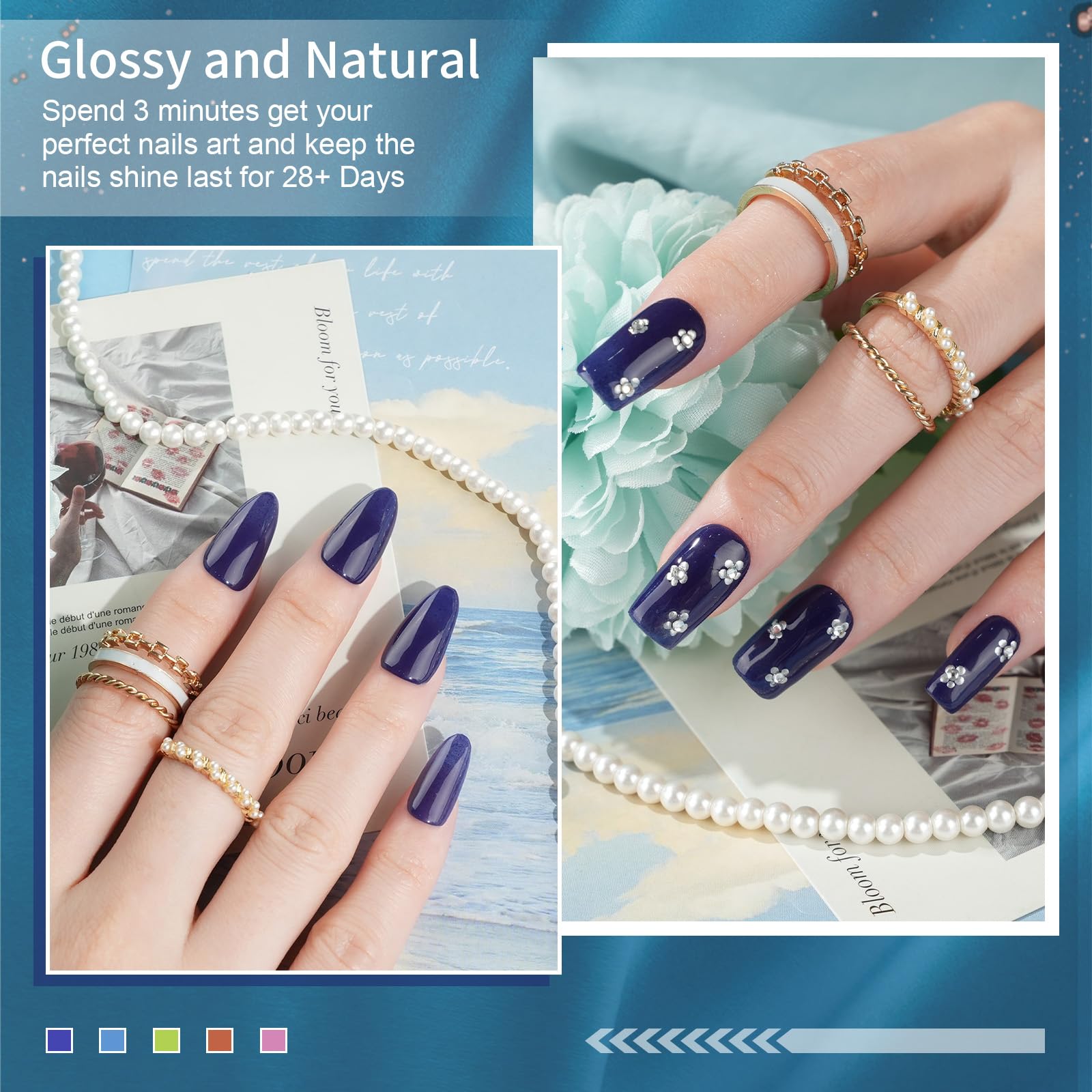 Close up of deep blue nail dip powder texture