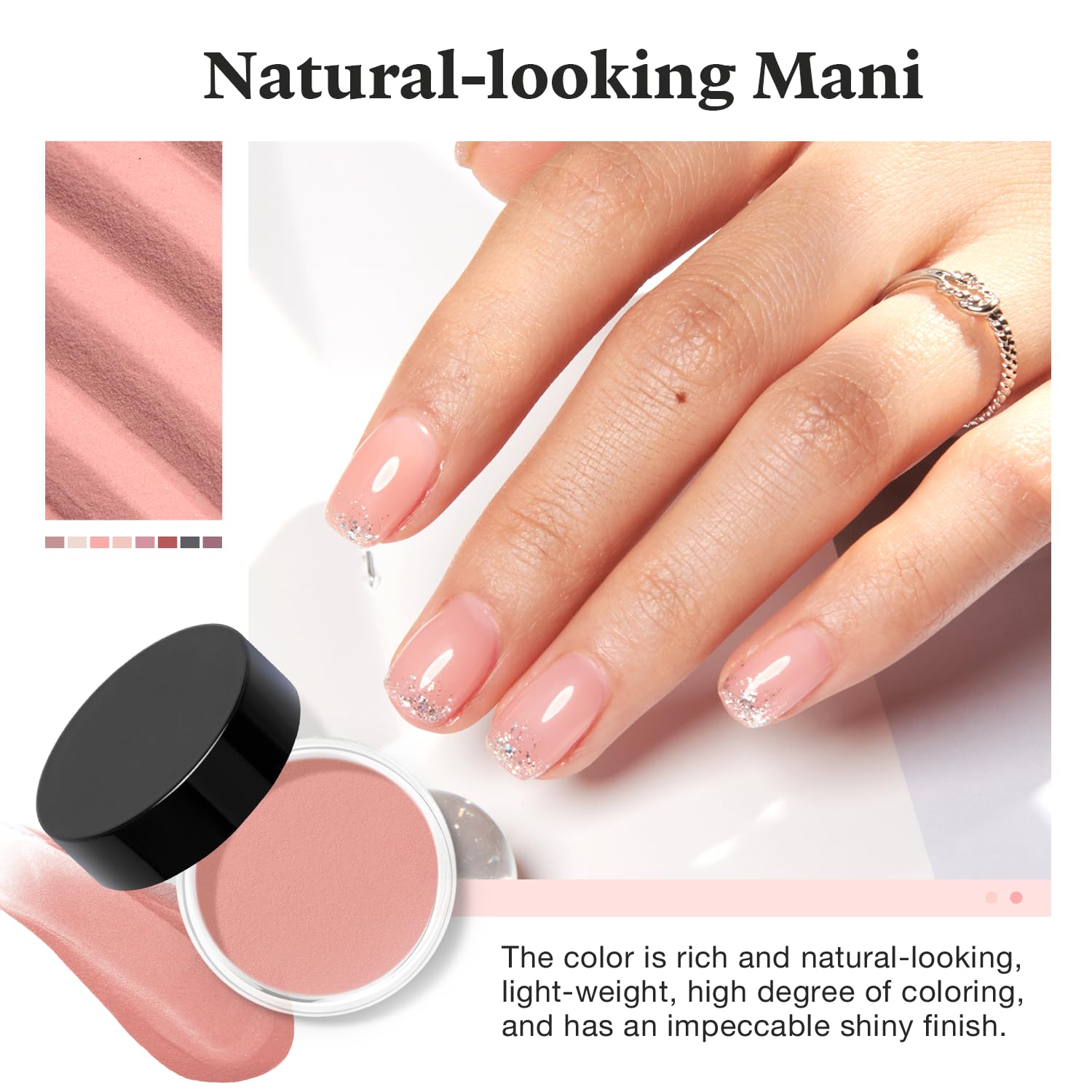 Sheer rose pink dip powder texture and color sample