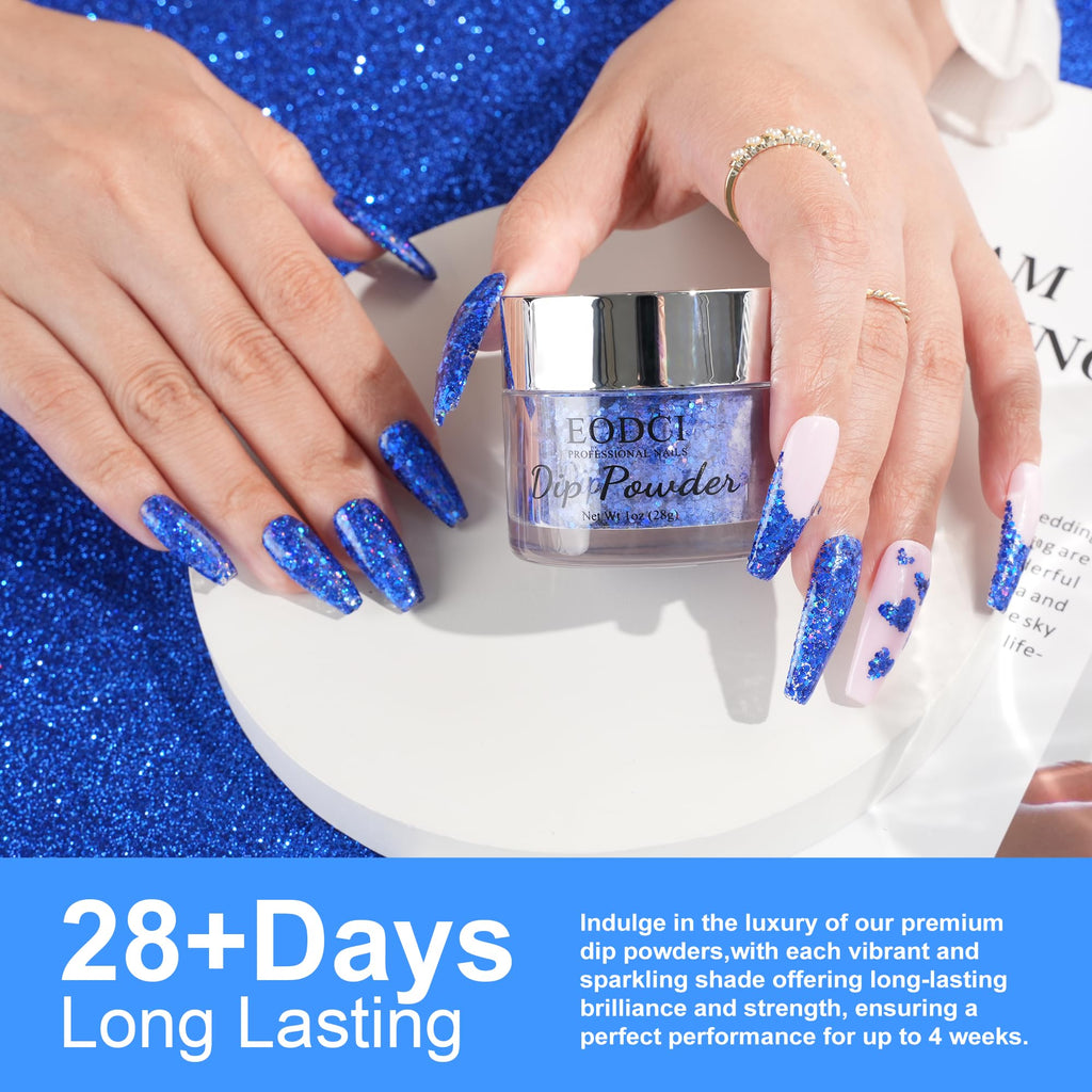 Eodci royal blue sequin nail dipping powder jar closeup