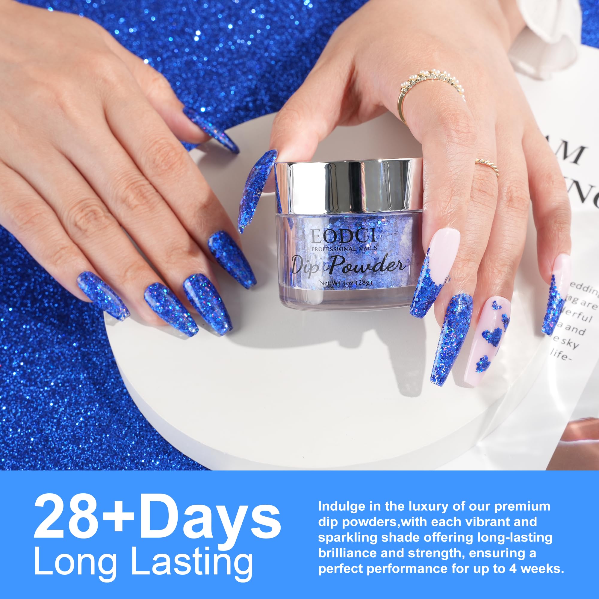 Close up of blue sequin dipping powder texture