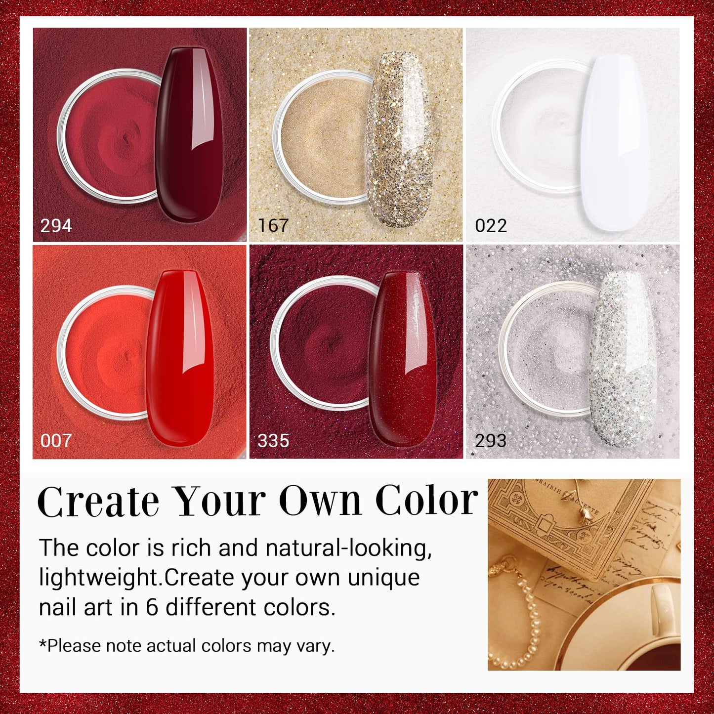 Close up of red and glitter dipping powder shades