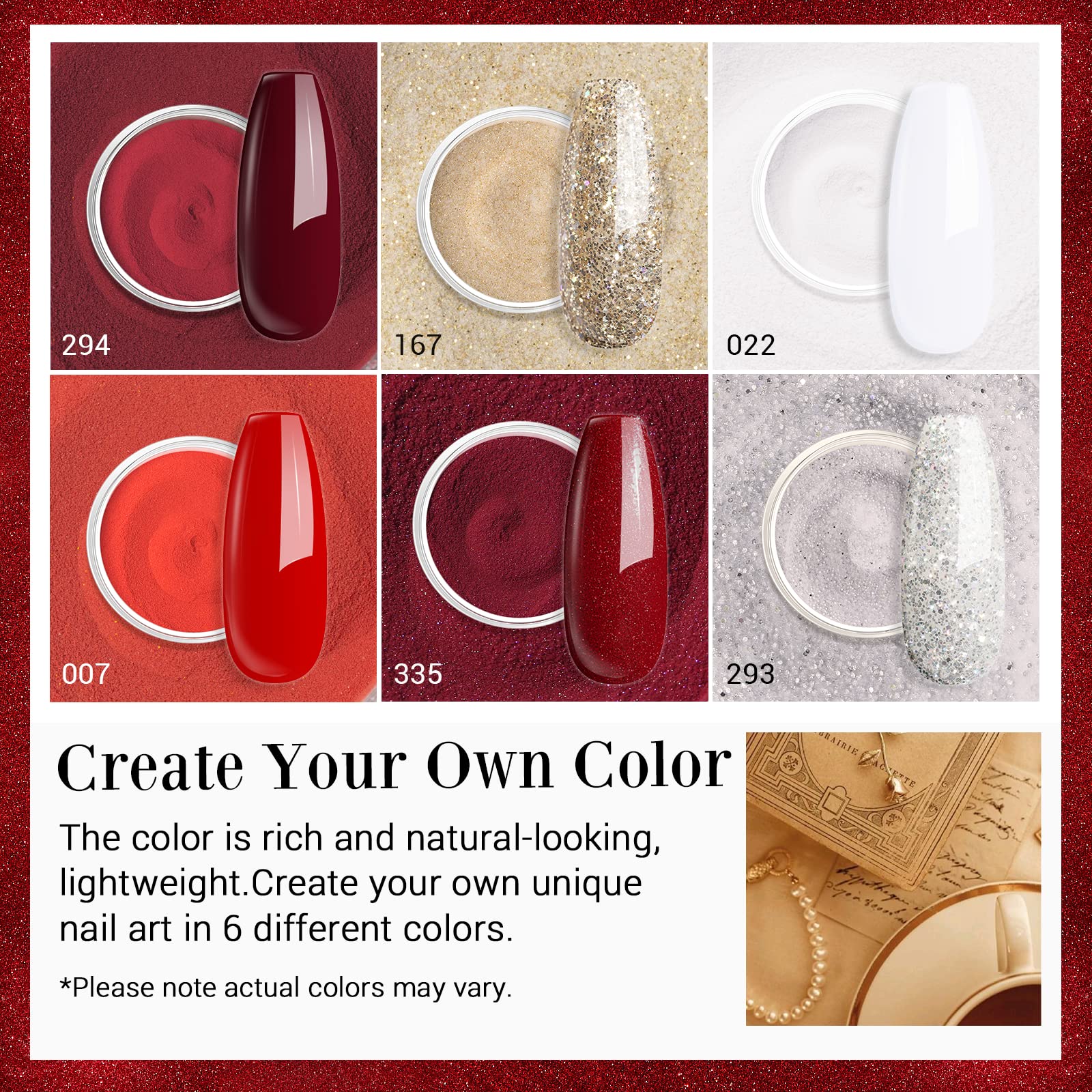Close up of red and glitter dipping powder shades