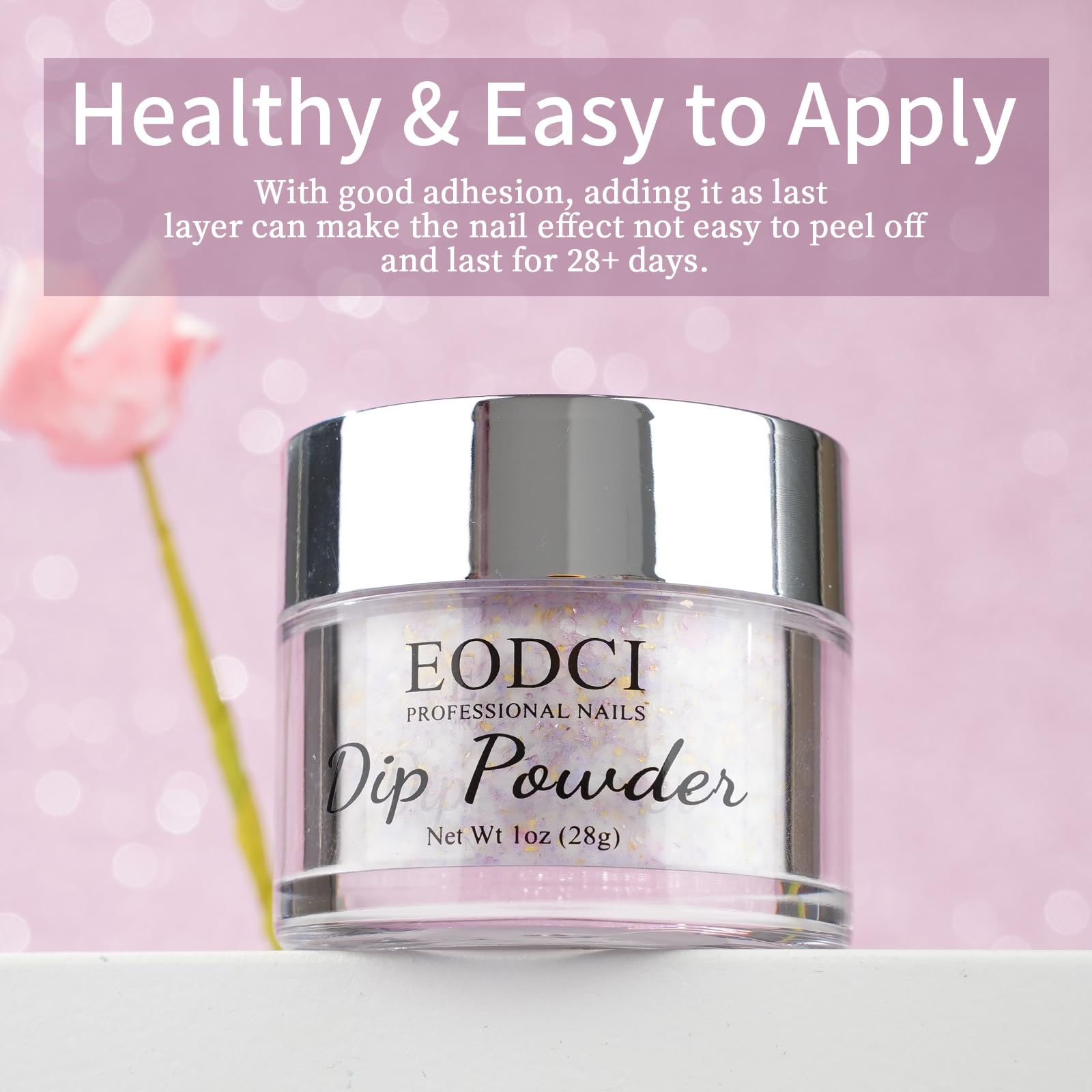 Close up of Eodci pink shimmer dip powder texture