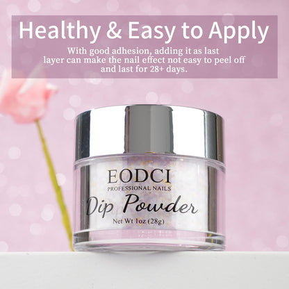 Close up of Eodci pink shimmer dip powder texture