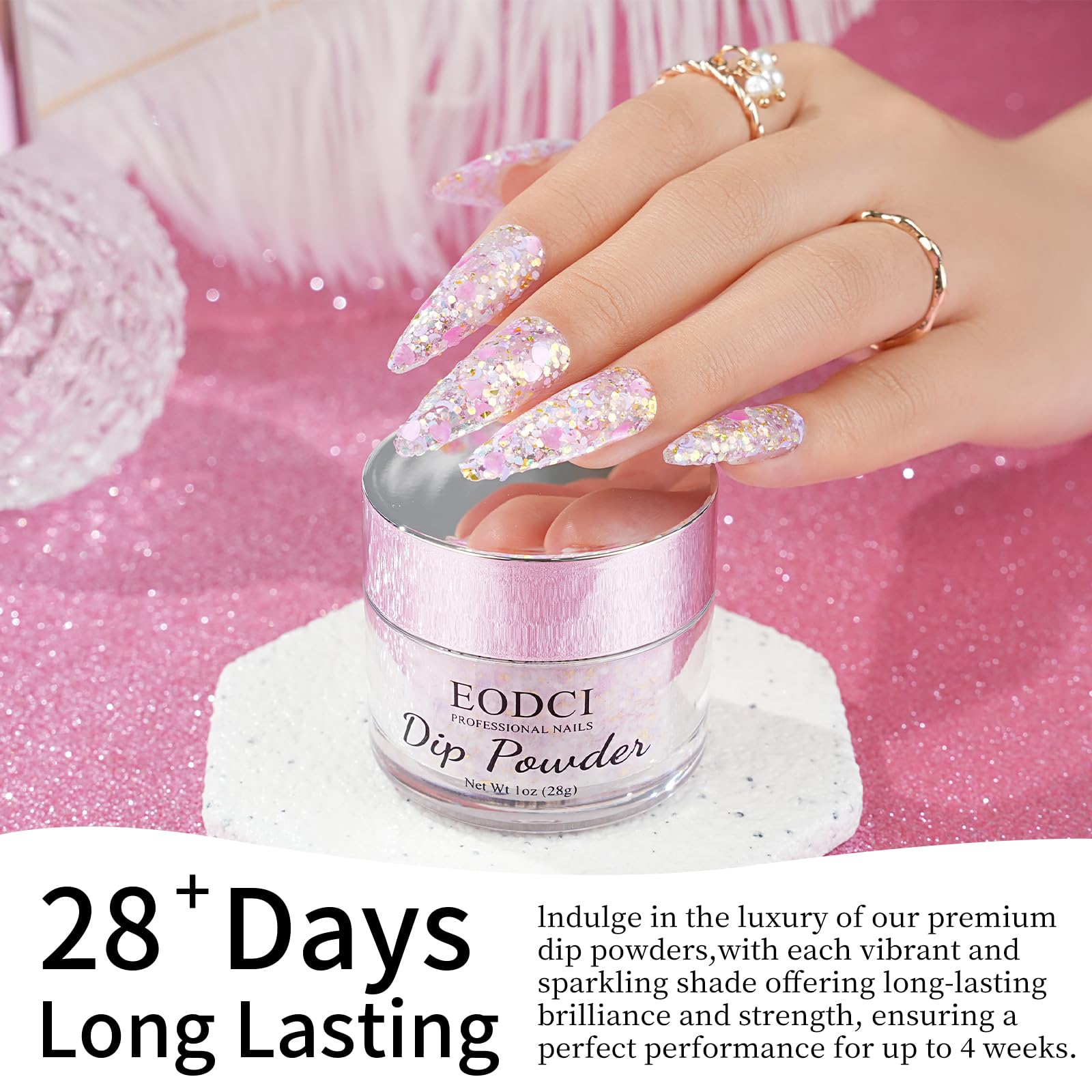 Open jar of Eodci glitter dipping powder for professional manicures