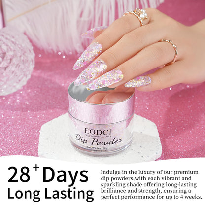 Open jar of Eodci glitter dipping powder for professional manicures