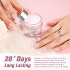 Hand model showcasing finished pink dip powder manicure