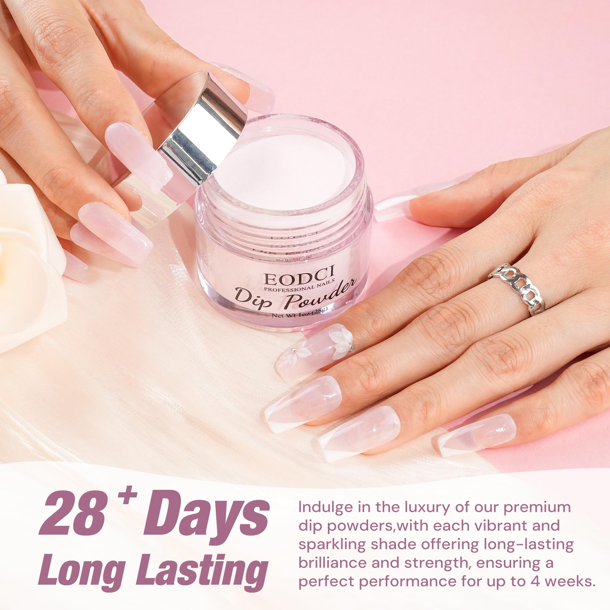 Close up view of pink manicure dipping powder texture