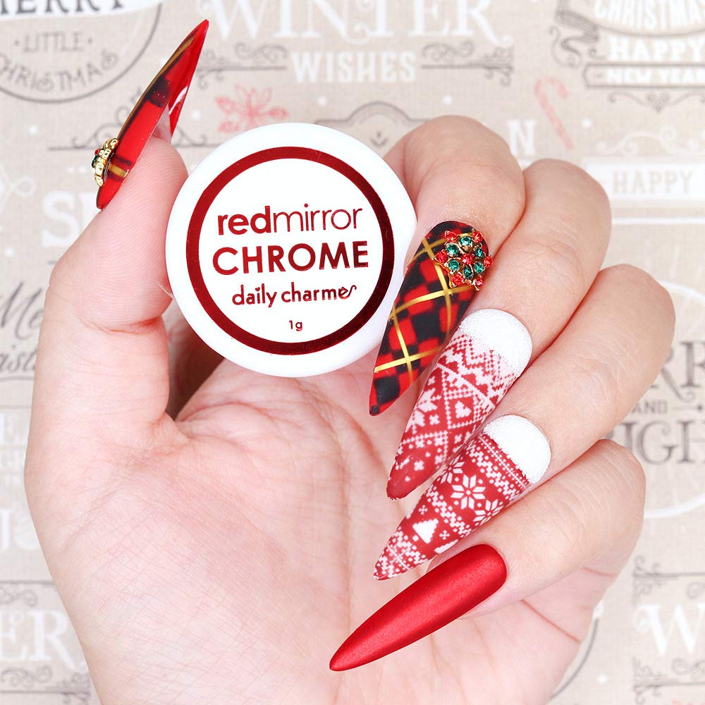 Close up of lipstick red chrome nail art powder