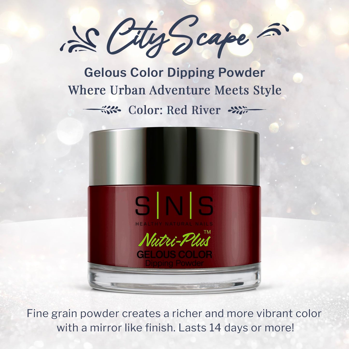 Close up of SNS Red River burgundy dipping powder texture
