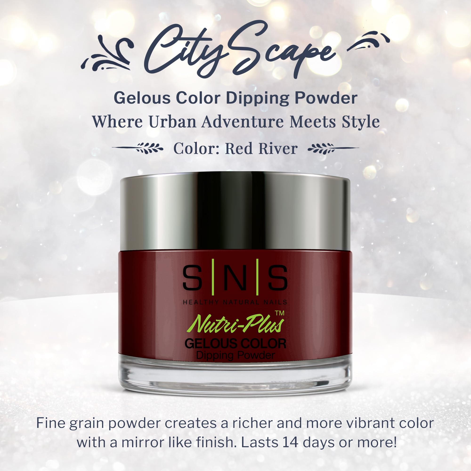 Close up of SNS Red River burgundy dipping powder texture