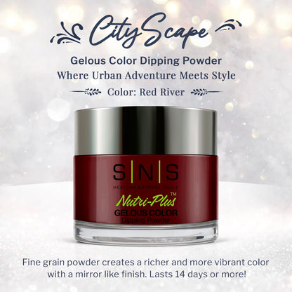 Close up of SNS Red River burgundy dipping powder texture