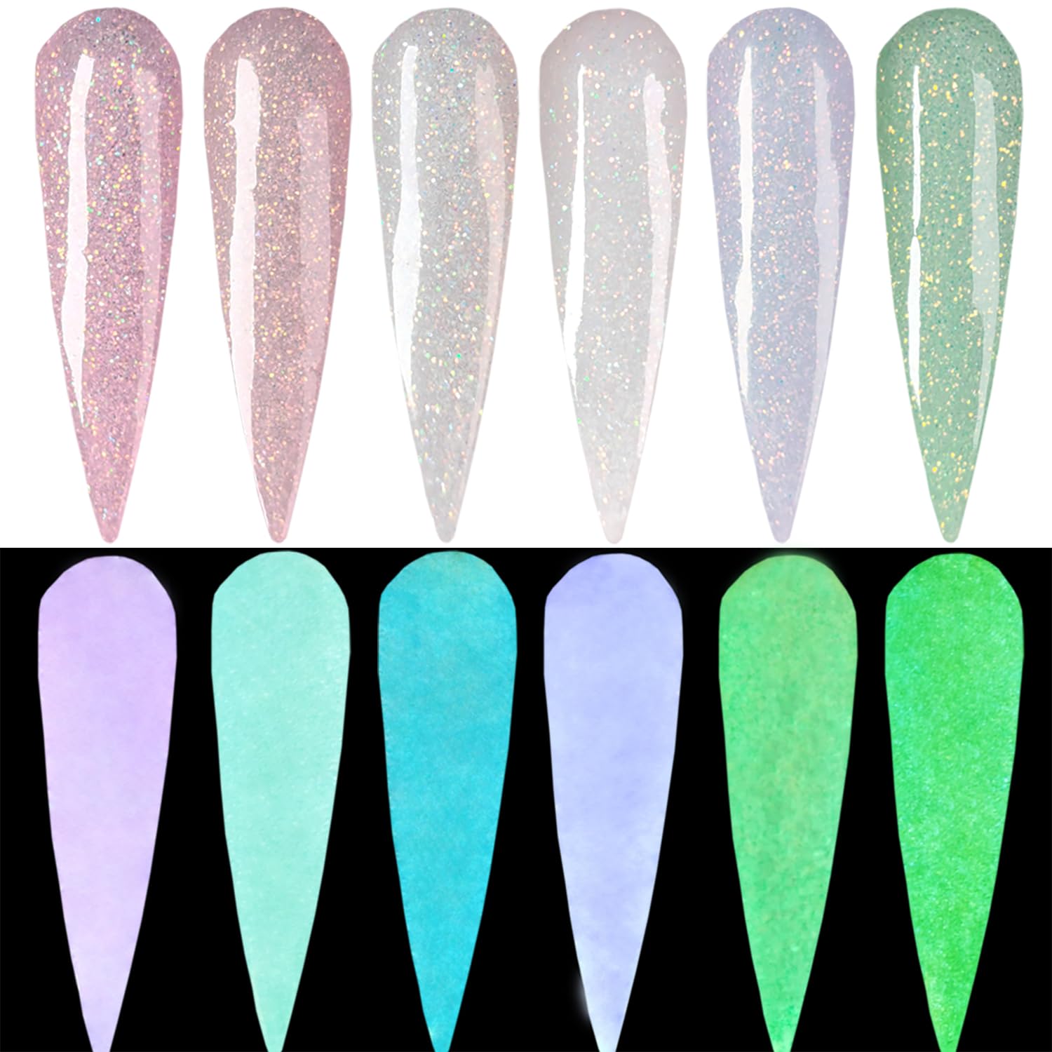 Top view of Oumisaya glow in the dark nail art powder containers