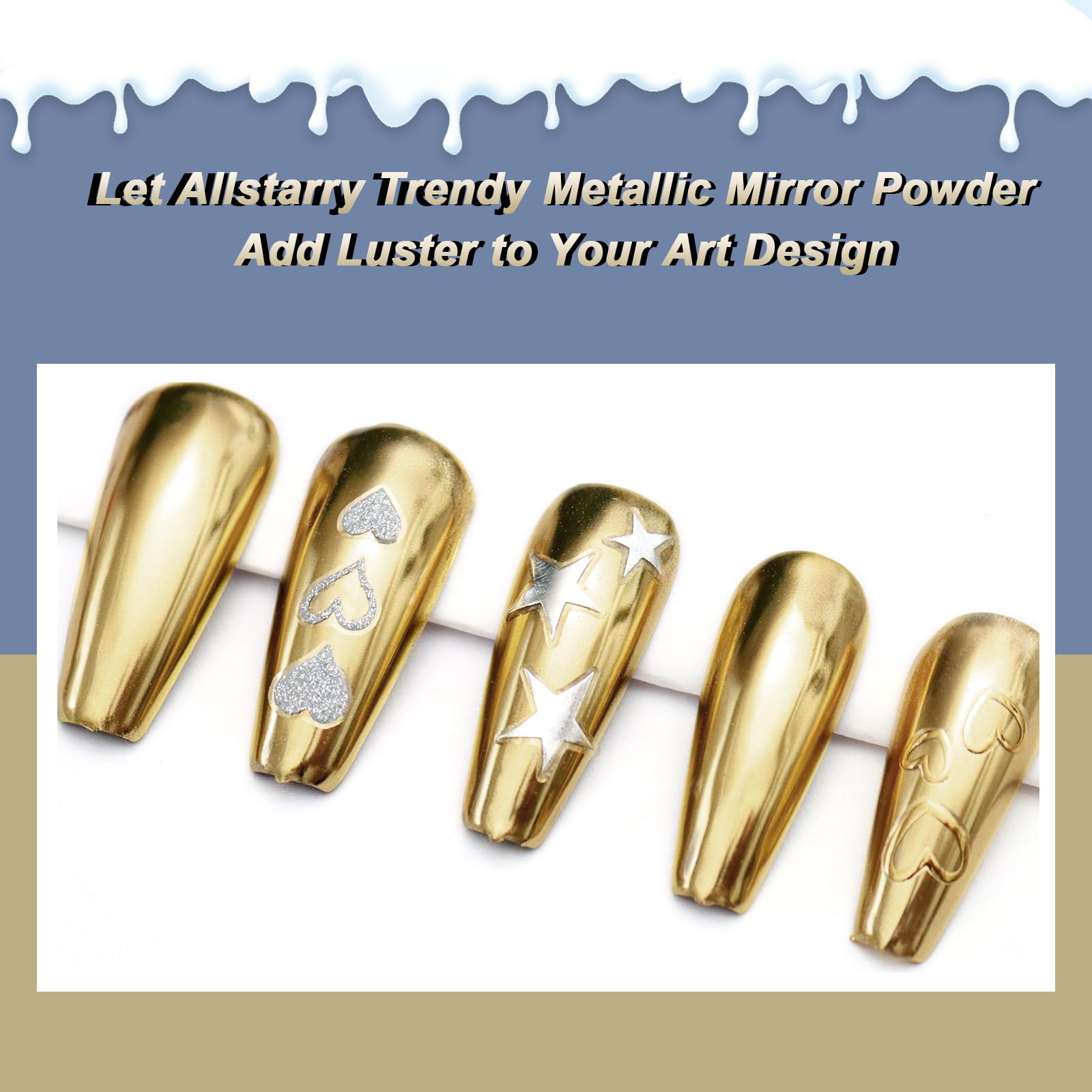 Close up of metallic mirror effect on nails using Allstarry gold powder